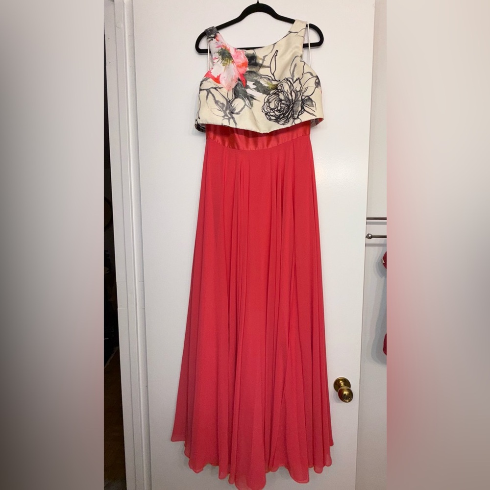 Theia elegant hot pink and white floral gown
